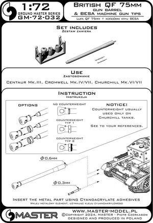 Master GM-72-032 Brytyjskie działo QF 75mm + końcówki km-u Besa - Centaur Mk.III, Cromwell Mk.IV/VII, Churchill Mk.VI/VII i inne 1/72 – zdjęcie 7