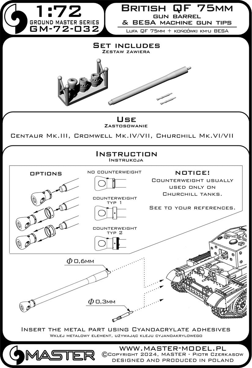 Master GM-72-032 Brytyjskie działo QF 75mm + końcówki km-u Besa - Centaur Mk.III, Cromwell Mk.IV/VII, Churchill Mk.VI/VII i inne 1/72 – zdjęcie 7