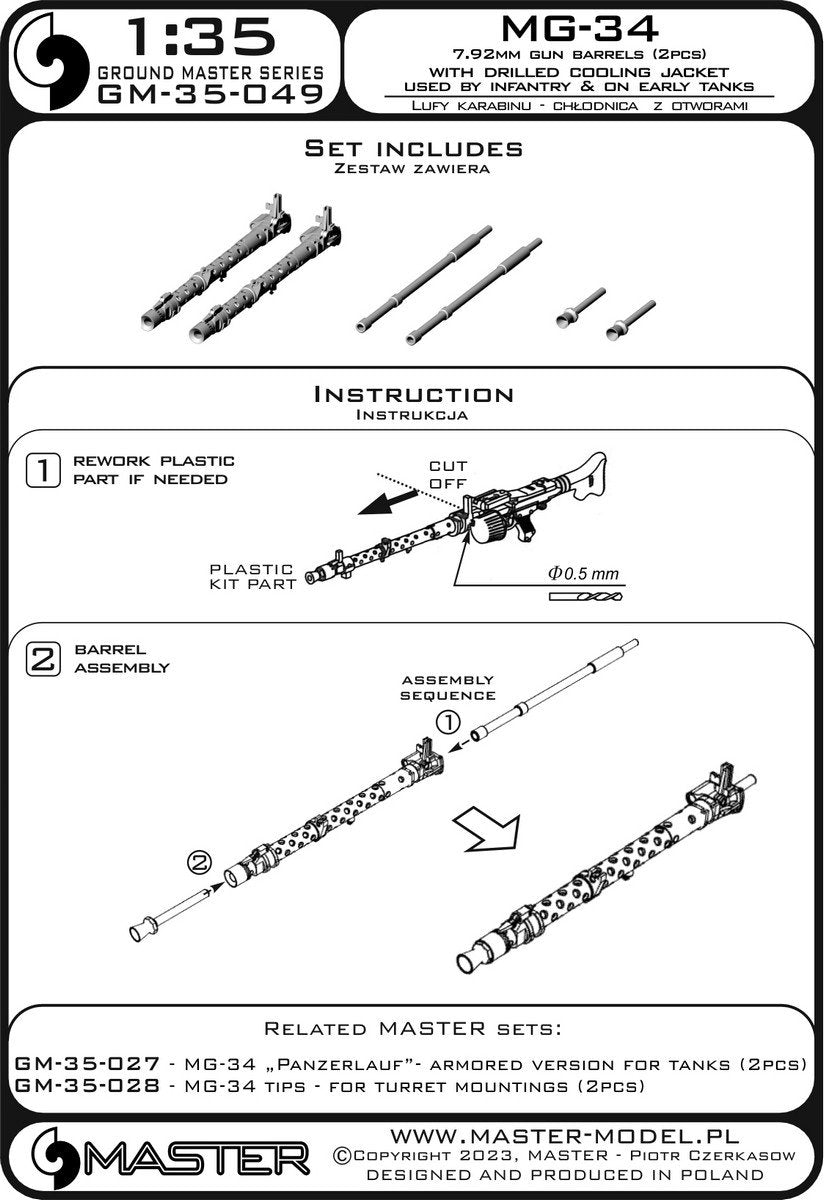 Master GM-35-049 MG-34 (7.92mm) - German machine gun barrels - version with drilled cooling jacket - used by infantry and on early tanks (2pcs) 1/35 – image 4