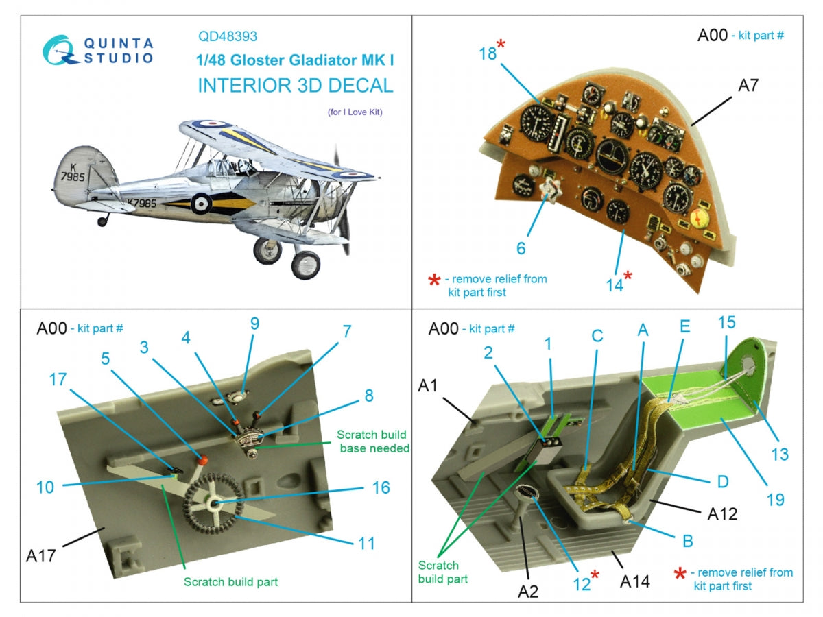 Quinta Studio QD48393 Gloster Gladiator MKI 3D-Printed &amp;amp; colored Interior on decal paper (I Love Kit) 1/48 – image 2