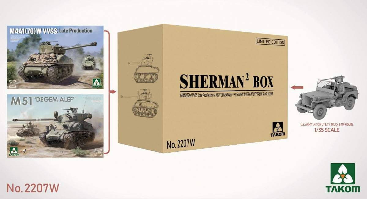 Takom 2207W SHERMAN² BOX M4A1(76W) VVSS Late Production+M51 "DEGEM ALEF"+US ARMY 1/4TON UTILITY TRUCK & MP FIGURE 1/35
