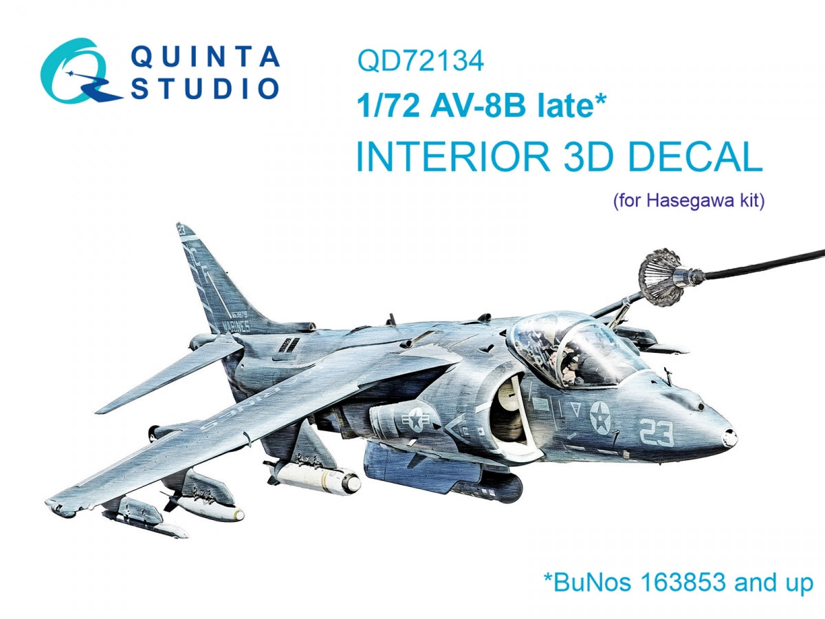 Quinta Studio QD72134 AV-8B late 3D-Printed colored Interior on decal paper (Hasegawa) 1/72