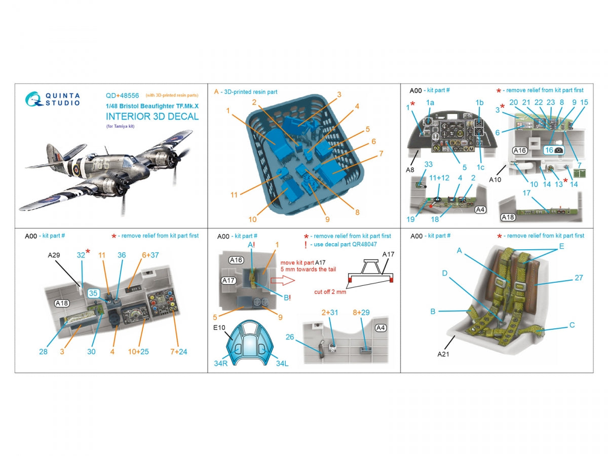 Quinta Studio QD+48556 Bristol Beaufighter TF.Mk.X 3D-Printed &amp;amp; colored Interior on decal paper (Tamiya) (with 3D-printed resin parts) 1/48 – image 2