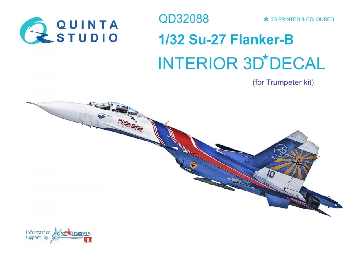 Quinta Studio QD32088 Su-27 3D-Printed &amp; colored Interior on decal paper (Trumpeter) (full version) 1/32