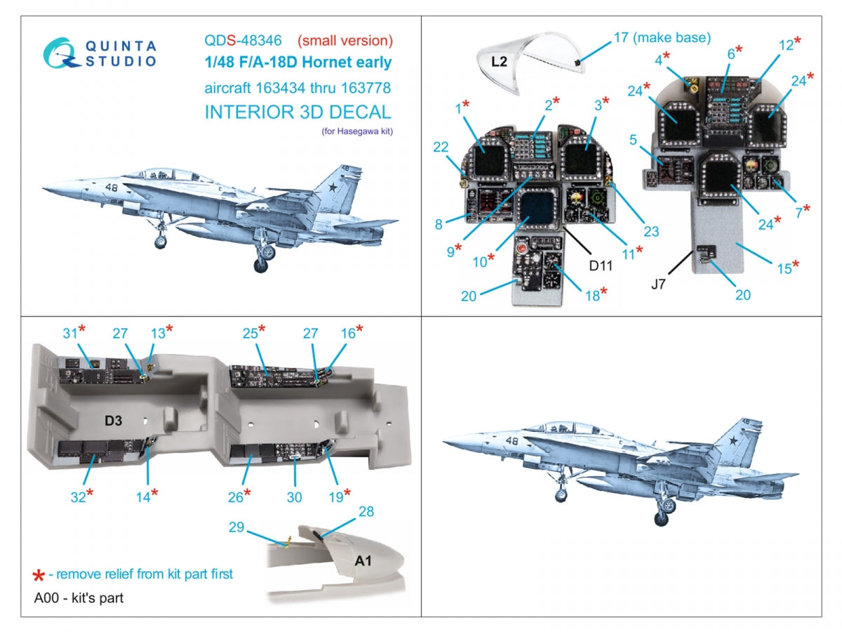 Quinta Studio QDS-48346 FA-18D early 3D-Printed &amp;amp; colored Interior on decal paper (Hasegawa) (small version) 1/48 – Bild 2