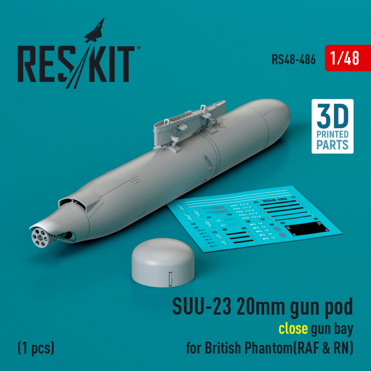 RESKIT RS48-0486 SUU-23 20mm gun pod (close gun bay) for British Phantom (RAF &amp; RN) (1 pcs) (3D Printed) 1/48