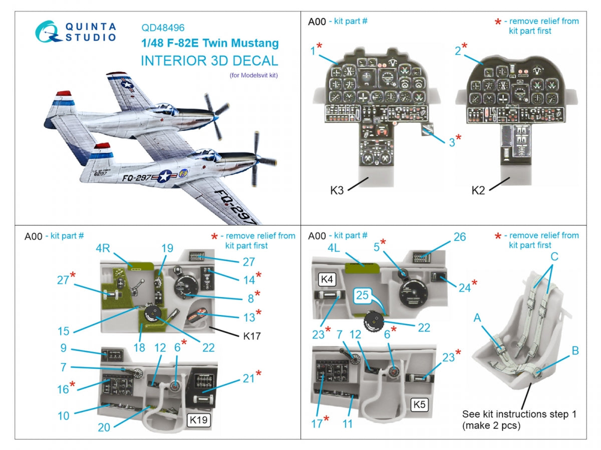 Quinta Studio QD48496 F-82E Twin Mustang 3D-Printed colored Interior on decal paper (Modelsvit) 1/48 – image 2