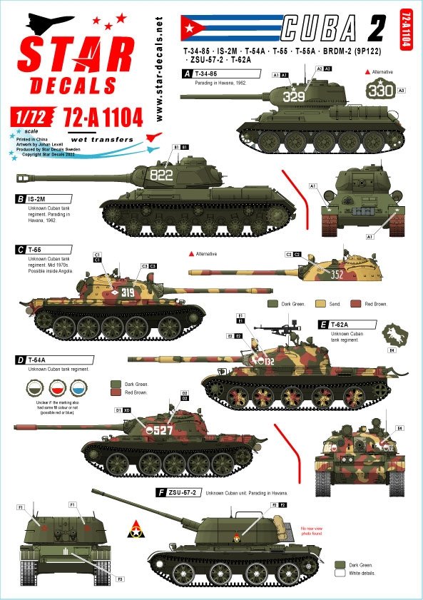 Star Decals 72-A1104 Tanks &amp;amp; AFVs in Cuba # 2. T-34/85, IS-2M, T-54A, T-55, T-55A, T-62A, ZSU-57-2, BRDM-2 (9P122). 1/72