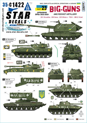 Star Decals 35-C1422 War in Ukraine 23 Ukrainian Big Guns and Rocket Artillery. 2S1 Gvostika, 2S9 Nona, 2S19 Msta-s, TOS-1 and BM-21 Grad 1/35
