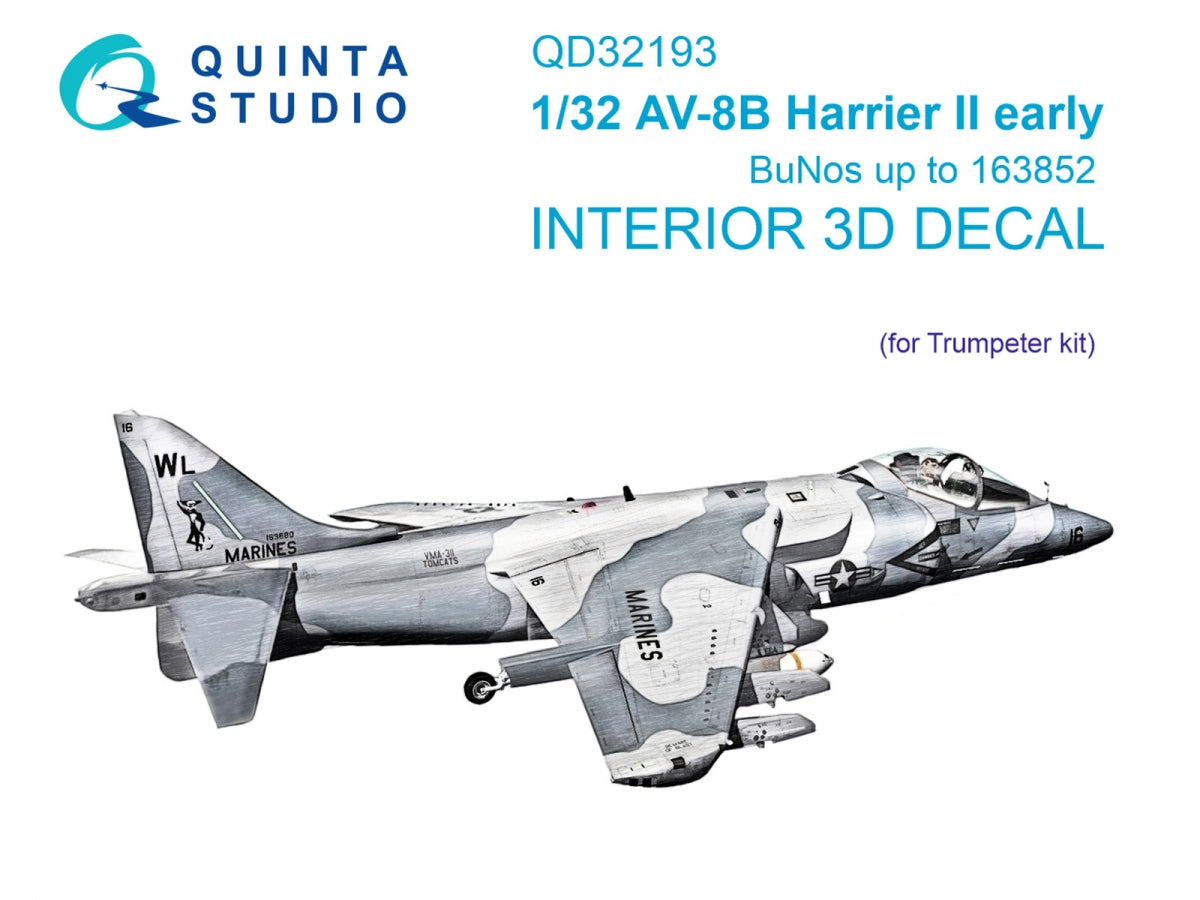 Quinta Studio QD32193 AV-8B Harrier II early 3D-Printed &amp;amp; colored Interior on decal paper (Trumpeter) 1/32