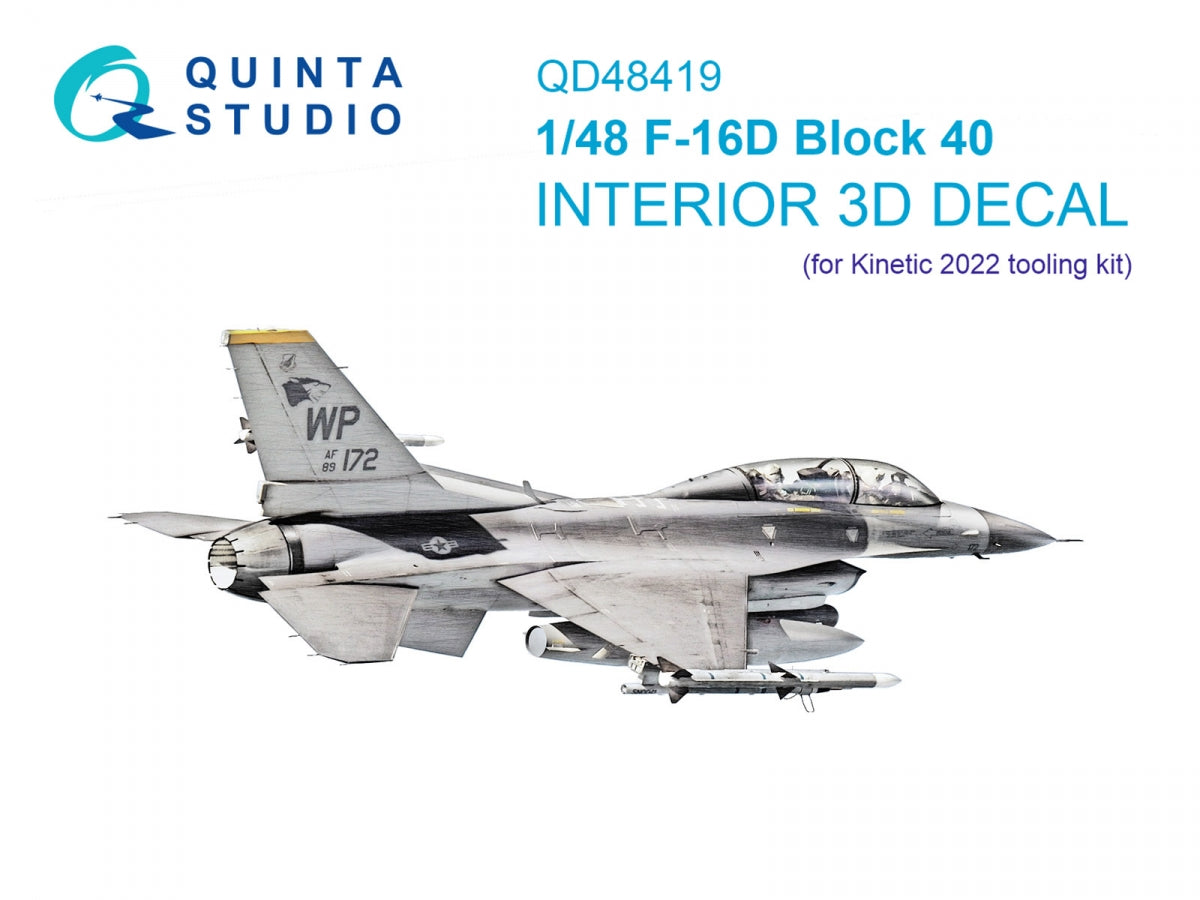 Quinta Studio QD48419 F-16D block 40 3D-Printed &amp; colored Interior on decal paper (Kinetic 2022 tool) 1/48