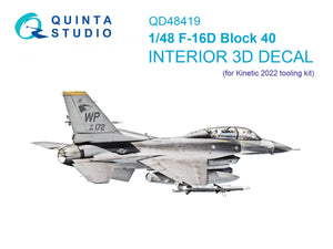 Quinta Studio QD48419 F-16D block 40 3D-Printed &amp;amp; colored Interior on decal paper (Kinetic 2022 tool) 1/48