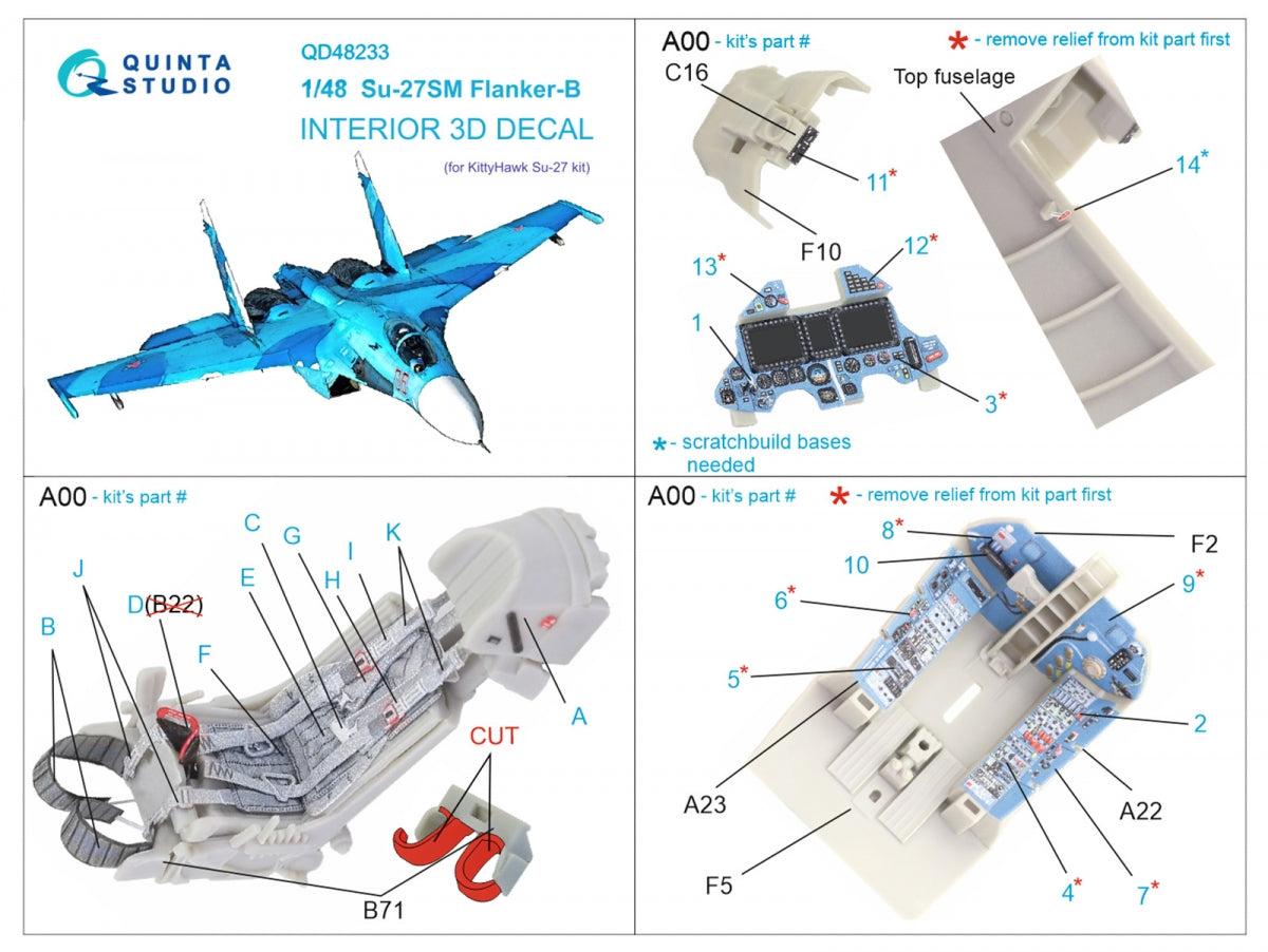 Quinta Studio QD48233 Su-27SM 3D-Printed &amp;amp; colored Interior on decal paper (KittyHawk) 1/48 – Bild 2