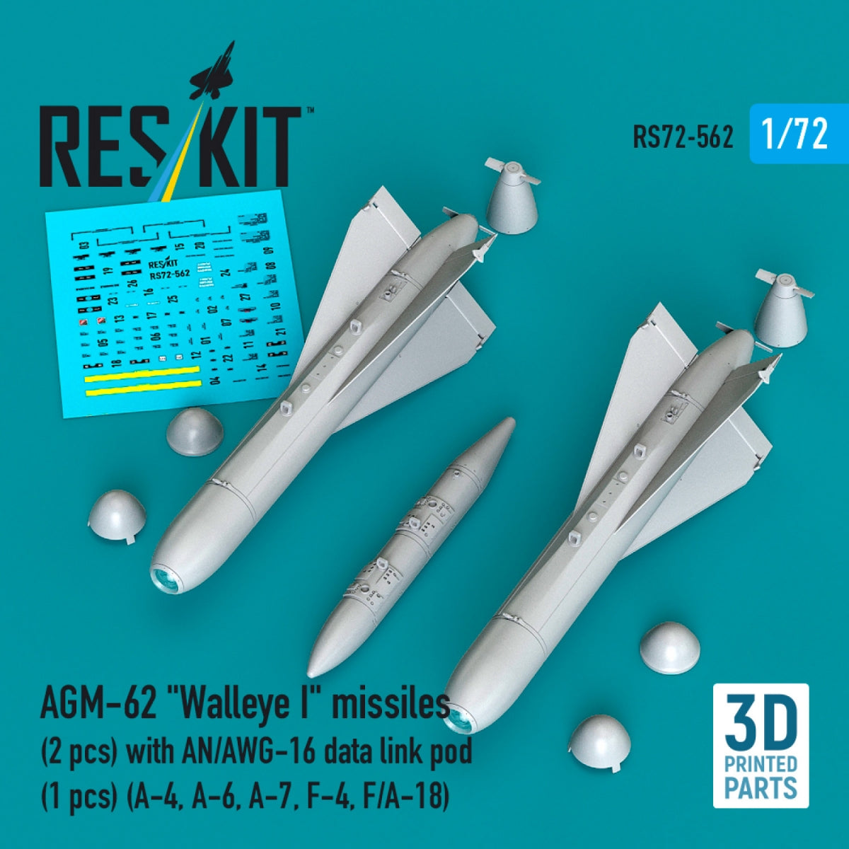 RESKIT RS72-0562 AGM-62 "Walleye I" missiles (2 pcs) with AN/AWG-16 data link pod (1 pcs) (A-4, A-6, A-7, F-4, F/A-18) (3D Printed) 1/72