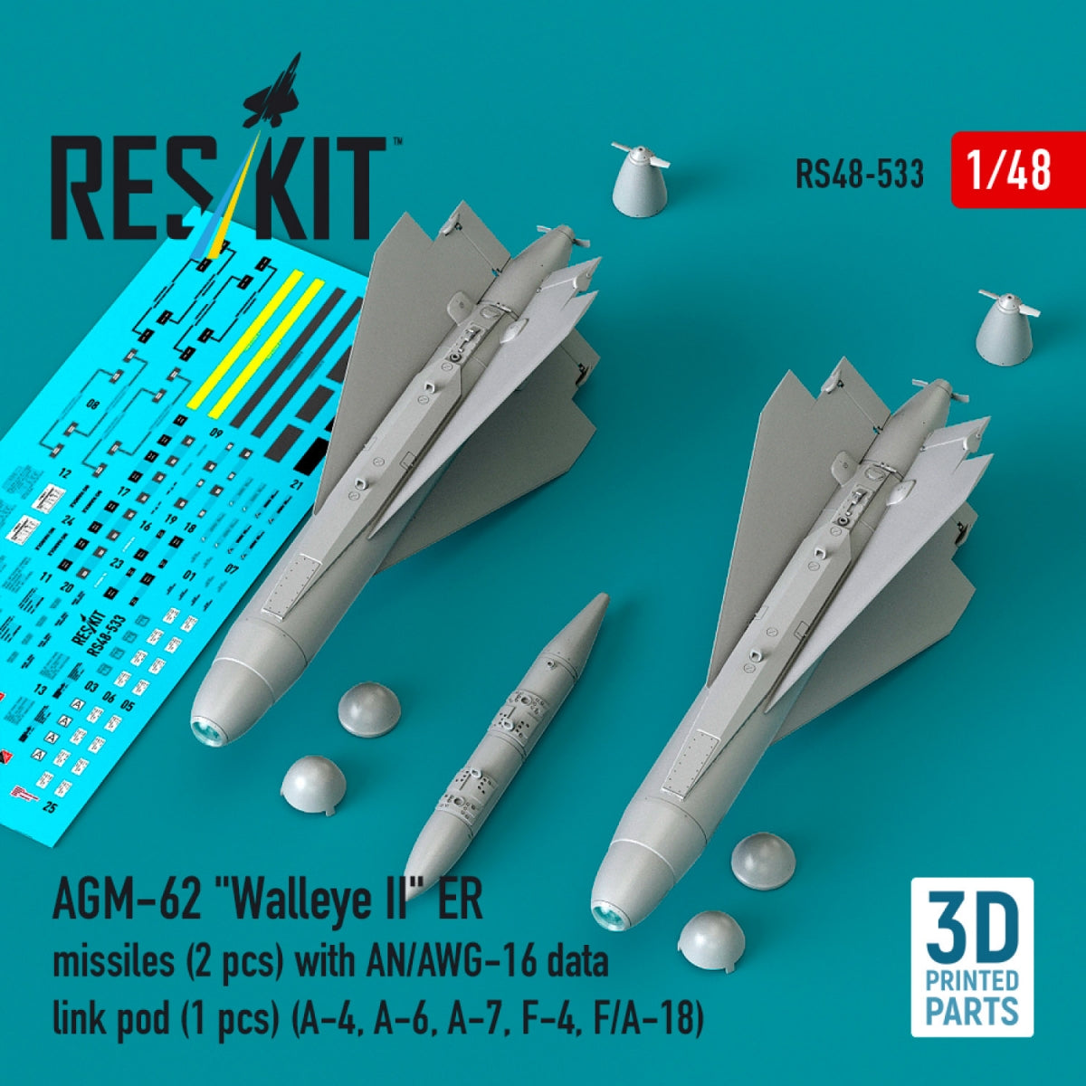 RESKIT RS48-0533 AGM-62 "Walleye II" ER missiles (2 pcs) with AN/AWG-16 data link pod (1 pcs) (A-4, A-6, A-7, F-4, F/A-18) (3D Printed) 1/48