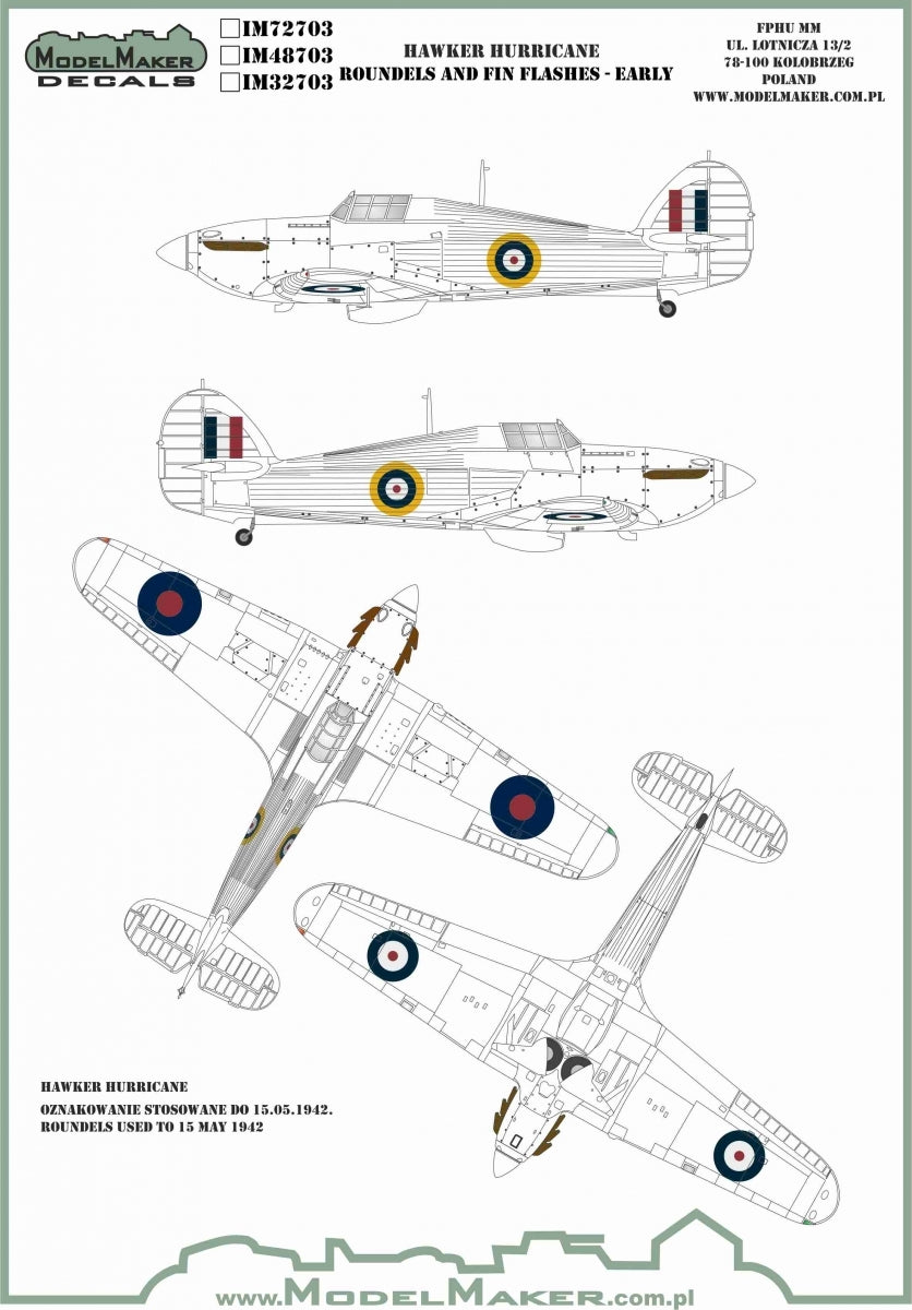 ModelMaker Decals IM48703 HAWKER HURRICANE ROUNDELS AND FIN FLASHES - EARLY 1/48