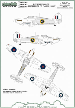 ModelMaker Decals IM48703 HAWKER HURRICANE ROUNDELS AND FIN FLASHES - EARLY 1/48