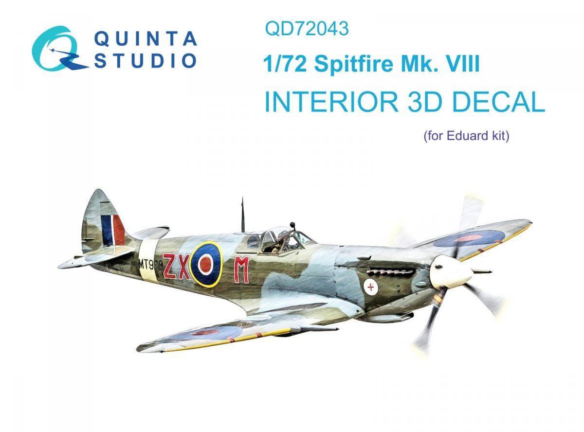 Quinta Studio QD72043 Spitfire Mk.VIII 3D-Printed &amp;amp; colored Interior on decal paper (Eduard) 1/72