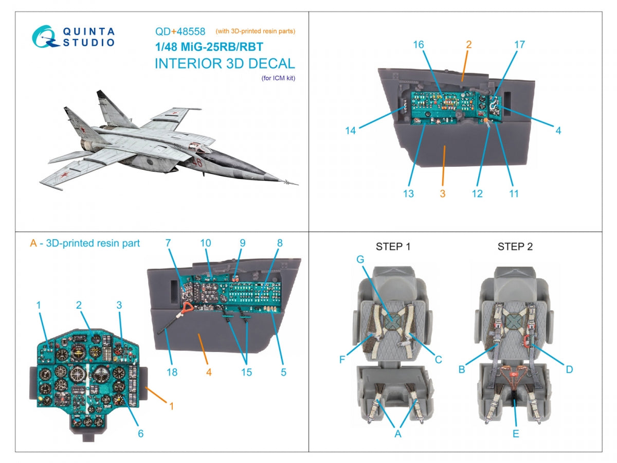 Quinta Studio QD+48558 MiG-25RB/MiG-25RBT 3D-Printed &amp;amp; colored Interior on decal paper (ICM) (with 3D-printed resin parts) 1/48 – obrázek 15