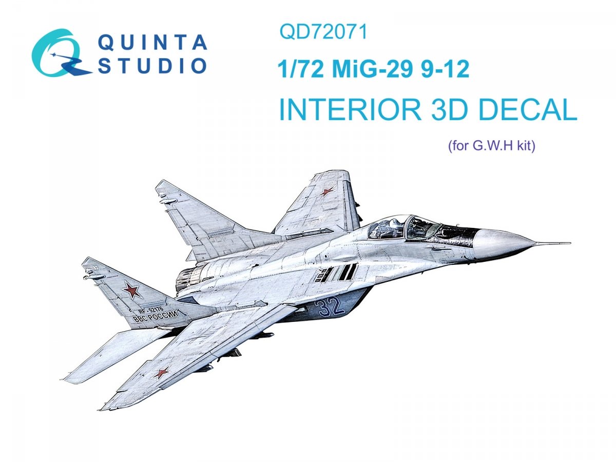 Quinta Studio QD72071 MiG-29 9-12 3D-Printed &amp;amp; colored Interior on decal paper (GWH) 1/72