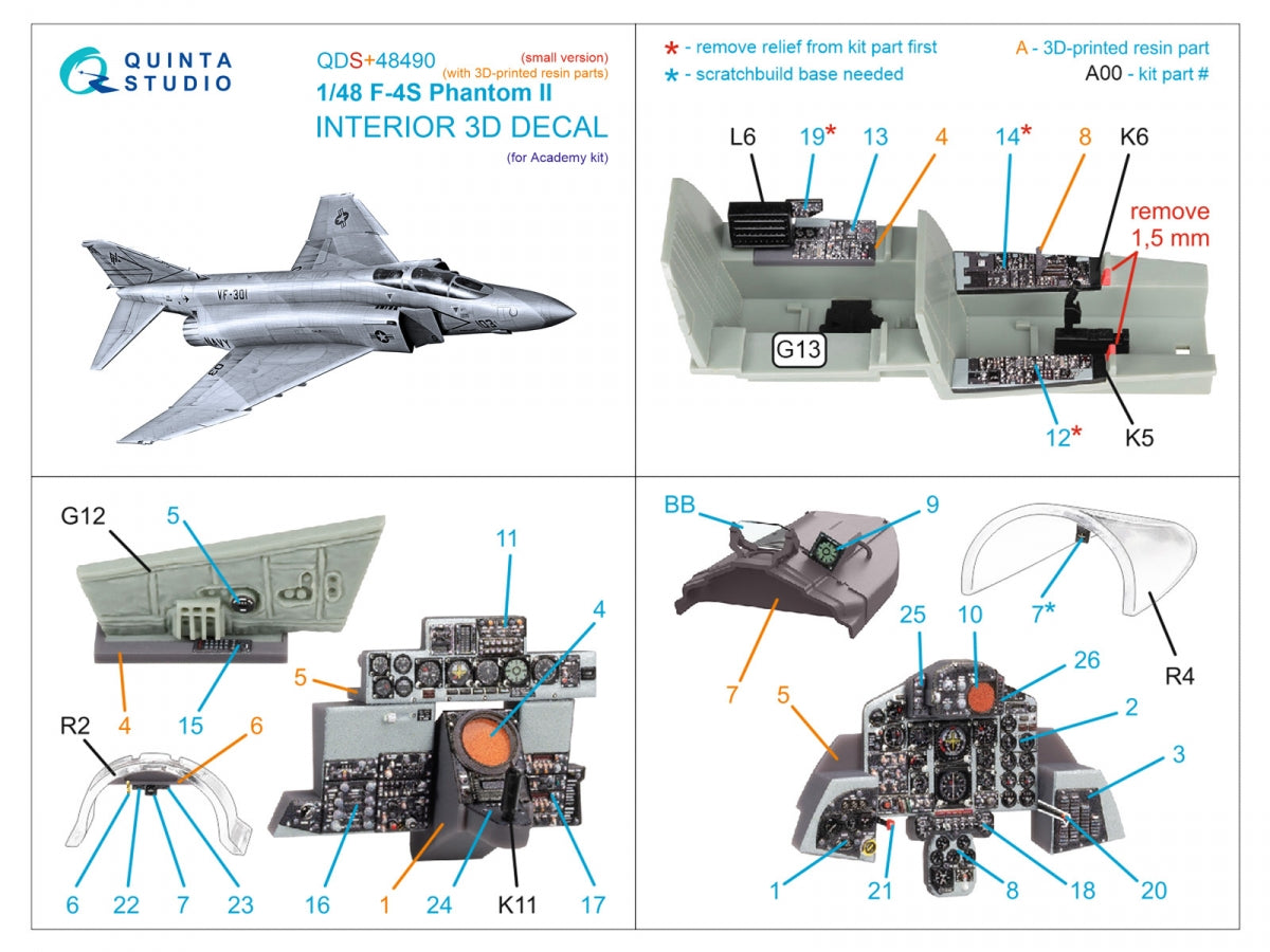 Quinta Studio QDS+48490 F-4S Phantom II 3D-Printed &amp;amp; colored Interior on decal paper (Academy) (Small version) (with 3D-printed resin parts) 1/48 – Bild 3