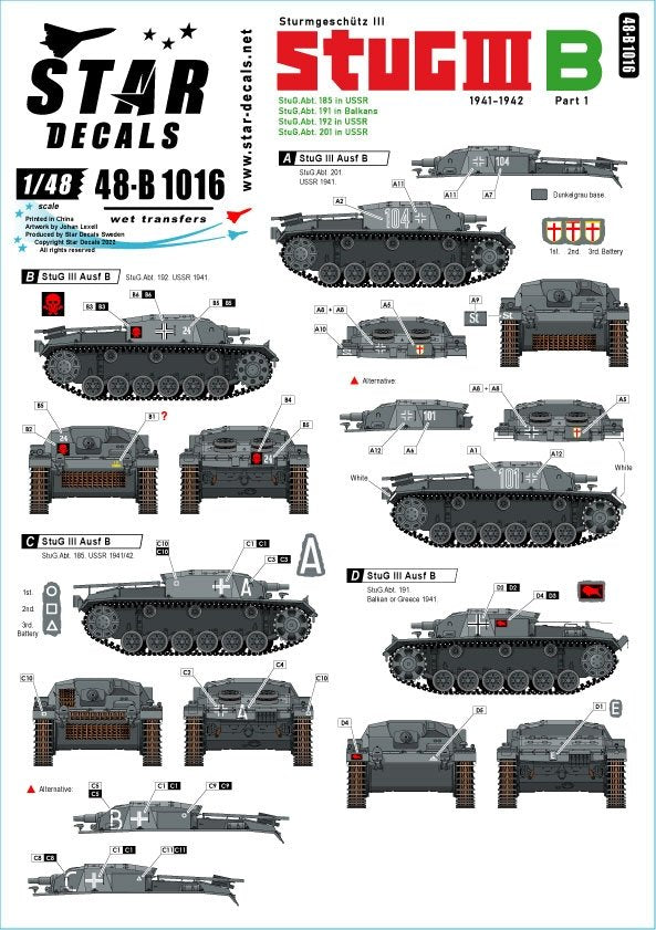 Star Decals 48-B1016 StuG III B 1941-42 # 1. Sturmgeschutz III Ausf B. Front de l&amp;#39;Est, Balkans et Grèce 1/48