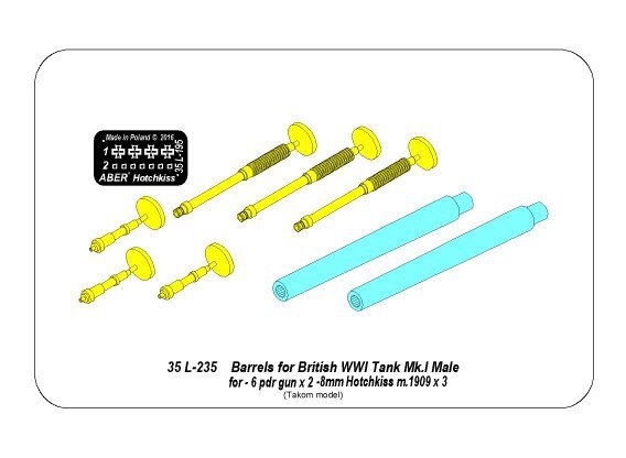 Aber 35L-235 Barrels for British WWI Tank Mk.I Male – 6 pdr. gun x 2pcs. &amp;amp;amp;amp;amp;amp;amp;amp; 8mm Hotchkiss m.1909 x 3 pcs. (1/35) – image 10