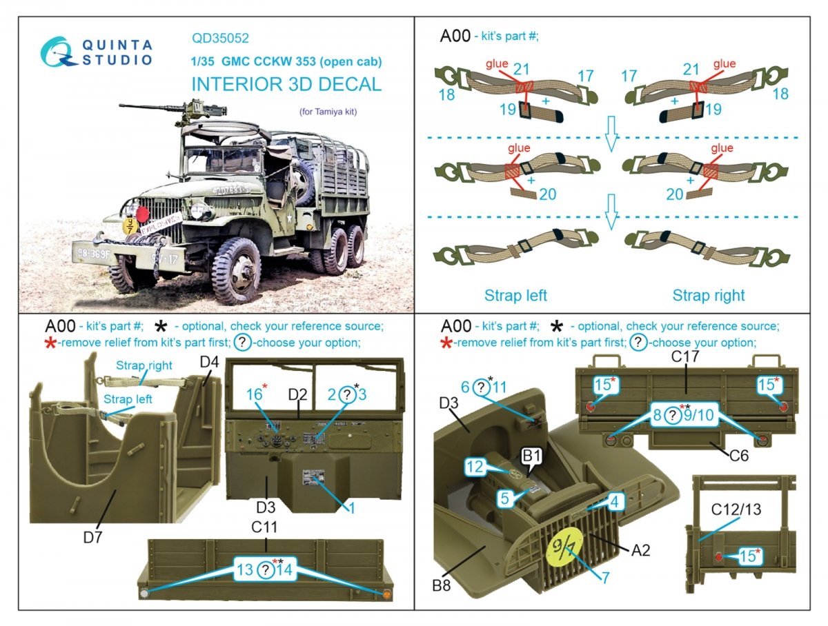 Quinta Studio QD35052 GMC CCKW 353 (open cab) 3D-Printed &amp;amp; colored Interior on decal paper (Tamiya) 1/35 – obrázek 2