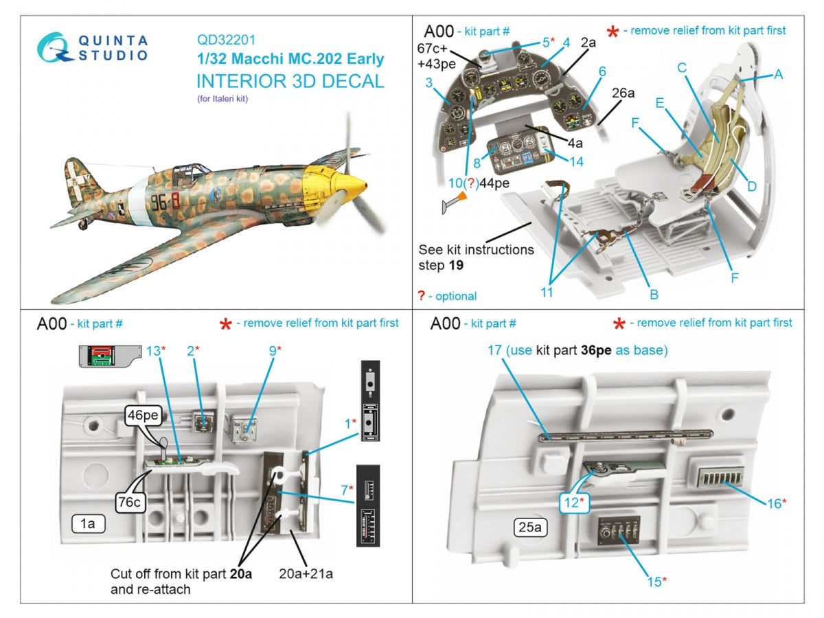 Quinta Studio QD32201 Macchi MC.202 Folgore Early 3D-Printed &amp;amp; colored Interior on decal paper (Italeri) 1/32 – Bild 2