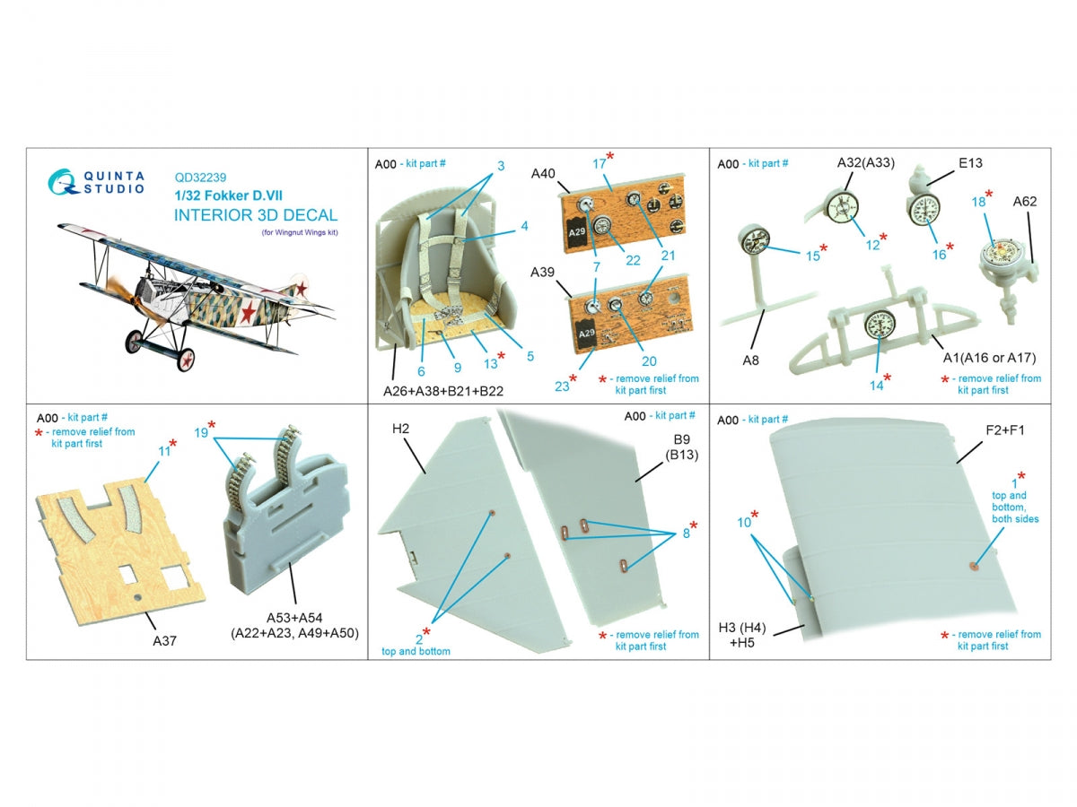 Quinta Studio QD32239 Fokker D.VII 3D-Printed &amp;amp; colored Interior on decal paper (Wingnut Wings) 1/32 – image 13