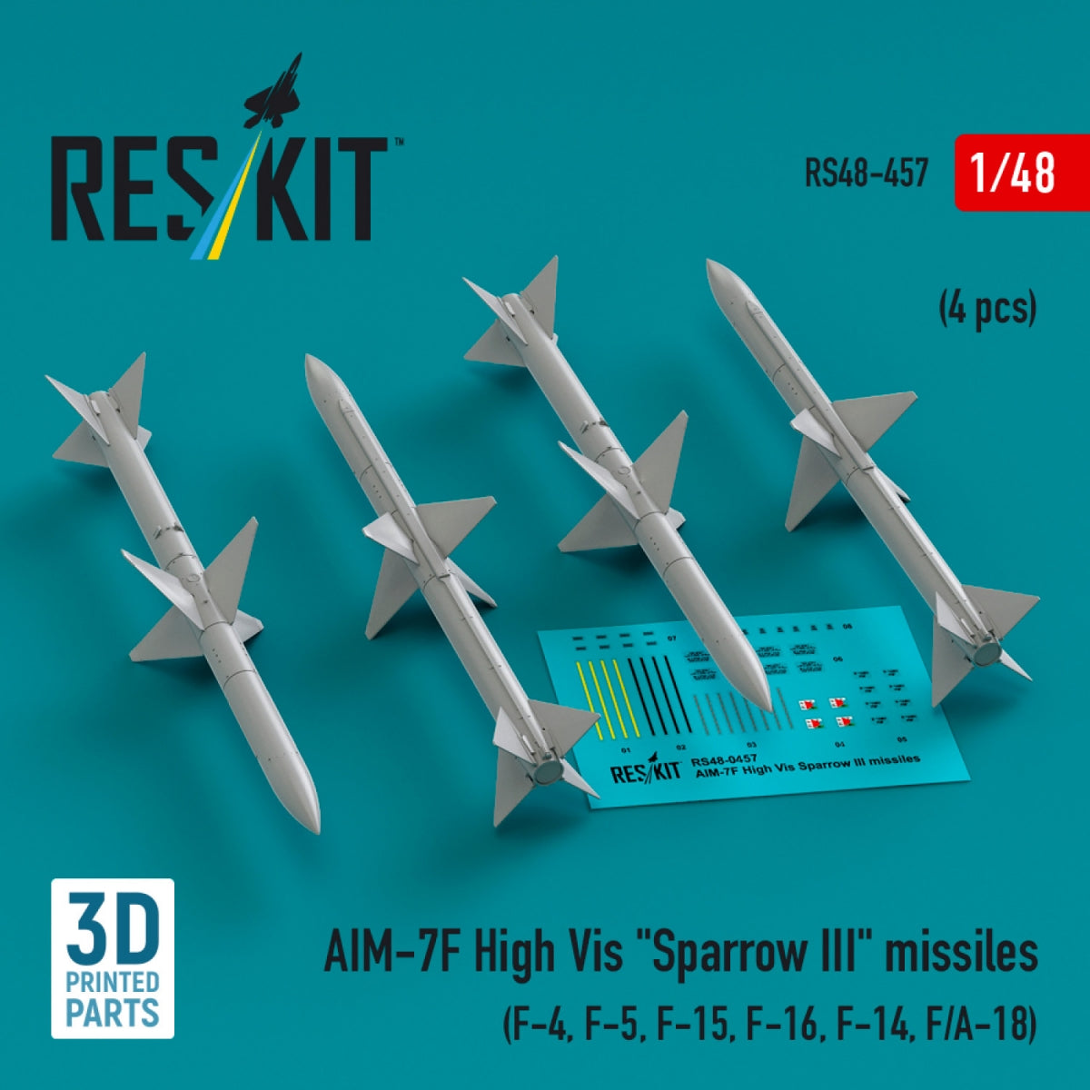 RESKIT RS48-0457 AIM-7F High Vis "Sparrow III" missiles (4 pcs) (3D Printed) 1/48