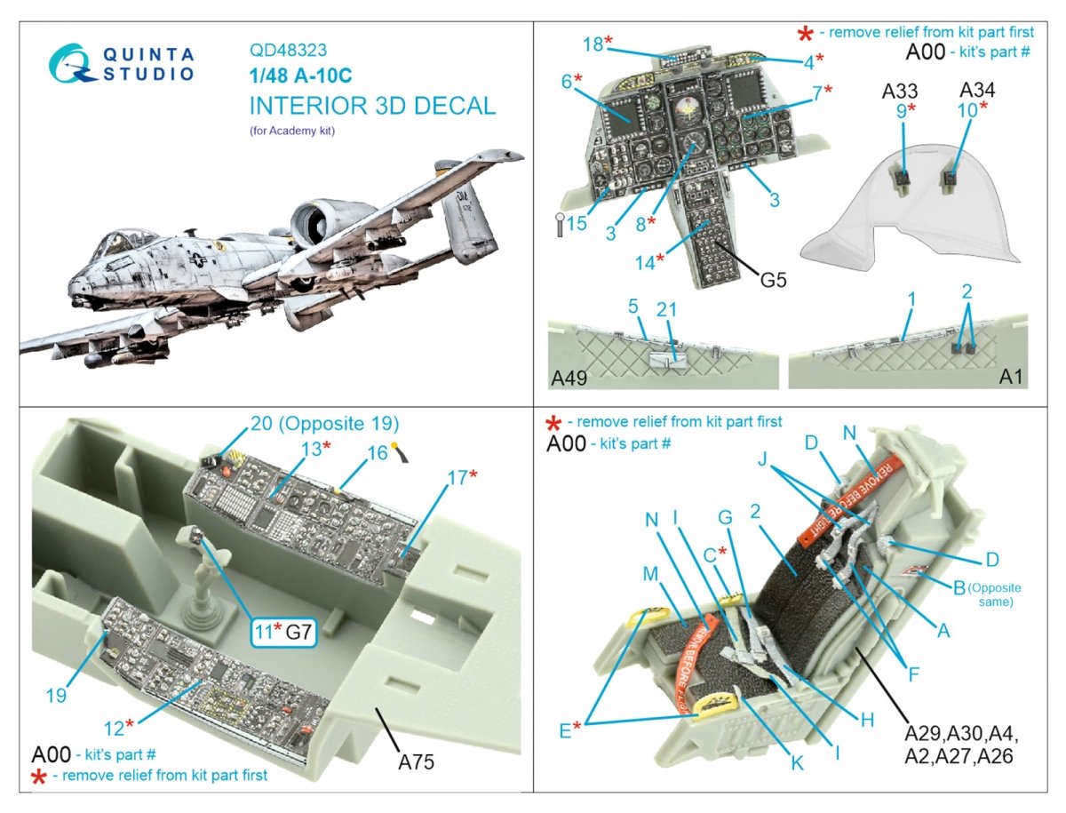 Quinta Studio QD48323 A-10C 3D-Printed &amp;amp; colored Interior on decal paper (Academy) 1/48 – obrázek 2