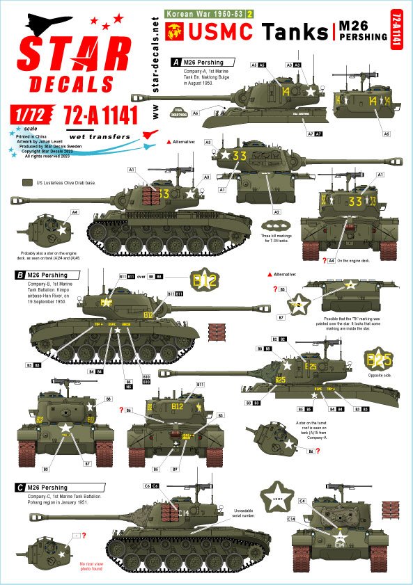Star Decals 72-A1141 Korean War 1950-53 #2. USMC Tanks. Pershing. 1/72