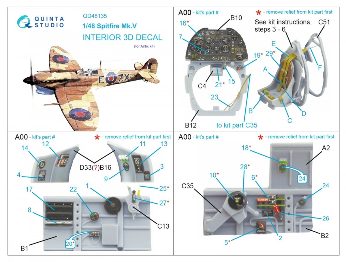 Quinta Studio QD48135 Spitfire Mk.V 3D-Printed &amp;amp; colored Interior on decal paper (Airfix) 1/48 – obrázek 12