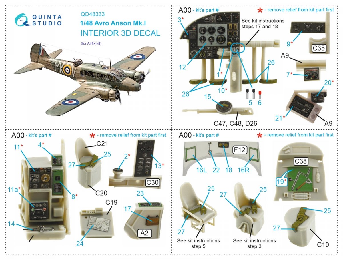 Quinta Studio QD48333 Avro Anson Mk.I 3D-Printed &amp;amp; colored Interior on decal paper (Airfix) 1/48 – image 8