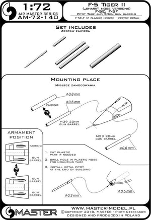 Master AM-72-140 F-5 Tiger II &amp;quot;Freedom Fighter&amp;quot; (flat nose version) - F-5A, E, F - detail set - Pitot tube and 20mm gun barrels 1/72 – image 3