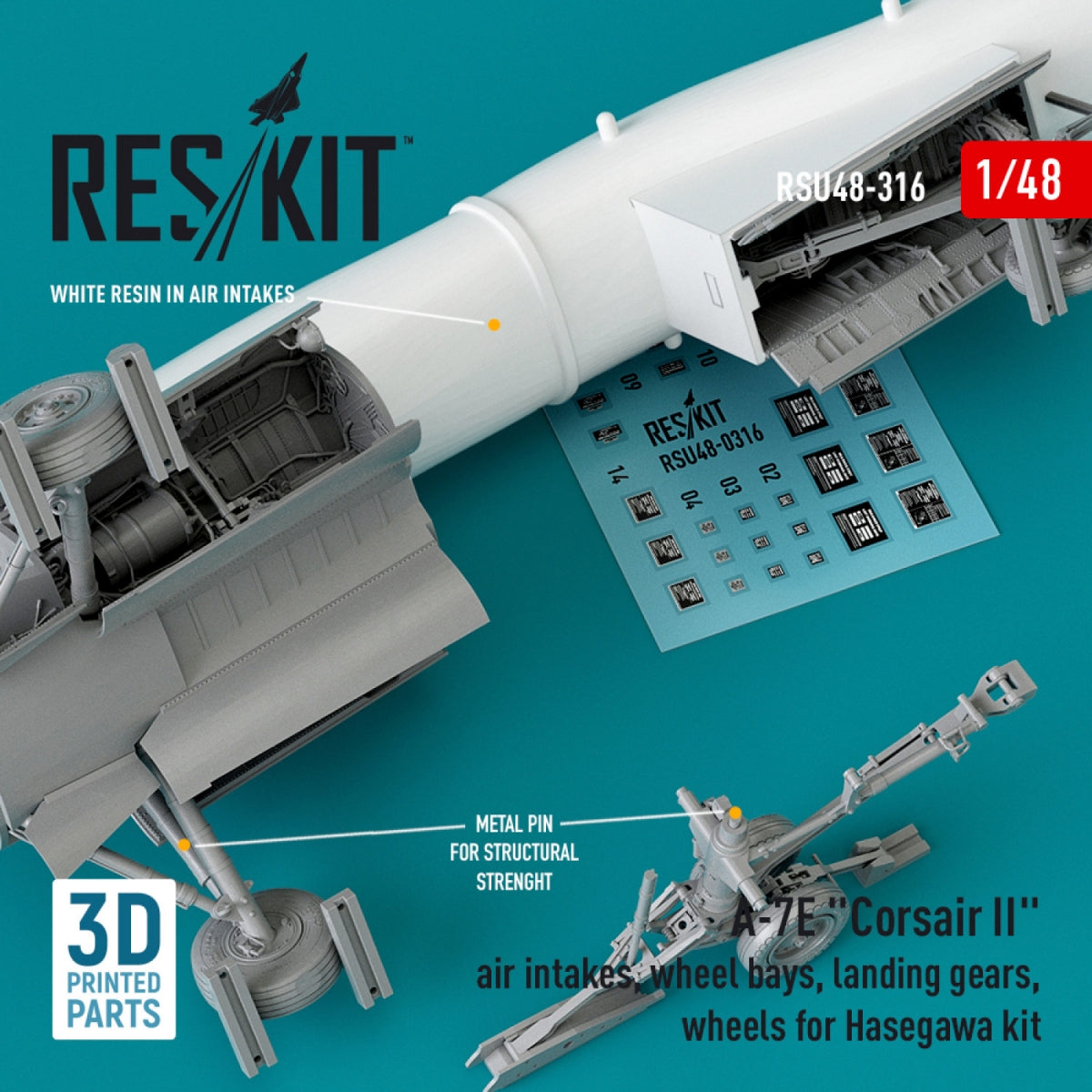 RESKIT RSU48-0316 A-7E &amp;quot;CORSAIR II&amp;quot; AIR INTAKES, WHEEL BAYS, LANDING GEARS, WHEELS FOR HASEGAWA KIT (3D PRINTED) 1/48 – image 2