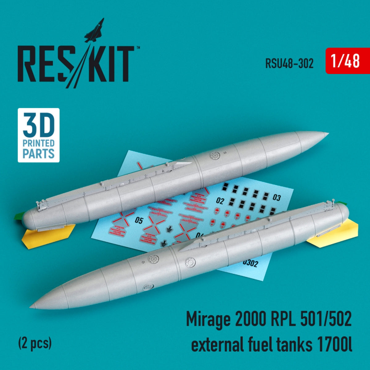 RESKIT RSU48-0302 MIRAGE 2000 RPL 501/502 RÉSERVOIRS DE CARBURANT EXTERNES 1700 L (2 PIÈCES) (IMPRIMÉS EN 3D) 1/48
