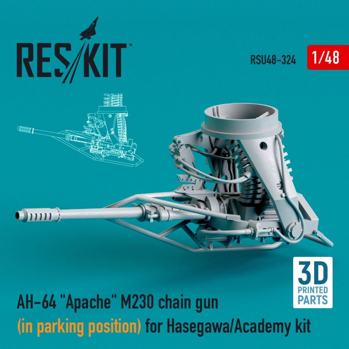 RESKIT RSU48-0324 AH-64 &amp;quot;APACHE&amp;quot; M230 CHAIN ​​GUN (IN PARKING POSITION) FOR HASEGAWA/ACADEMY KIT (3D PRINTED) 1/48