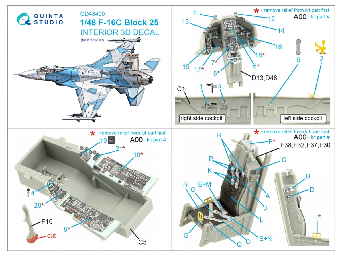 Quinta Studio QD48400 F-16C block 25 3D-Printed &amp;amp; colored Interior on decal paper (Kinetic 2022 tool) 1/48 – image 2