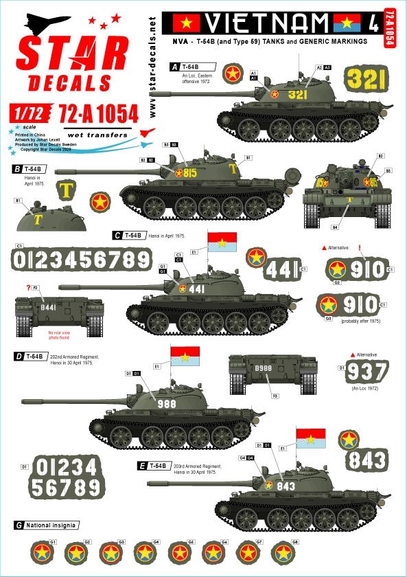 Star Decals 72-A1054 Vietnam # 4. NVA North Vietnamese T-54B markings 1/72