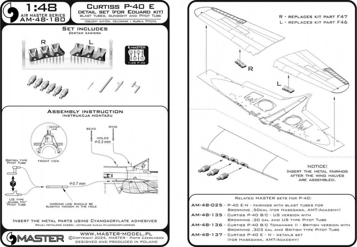 Master AM-48-180 Curtiss P-40 E - sight, pitot tube and fairings for Browning .50 machine guns with resin mount for EDUARD 1/48 model – image 8