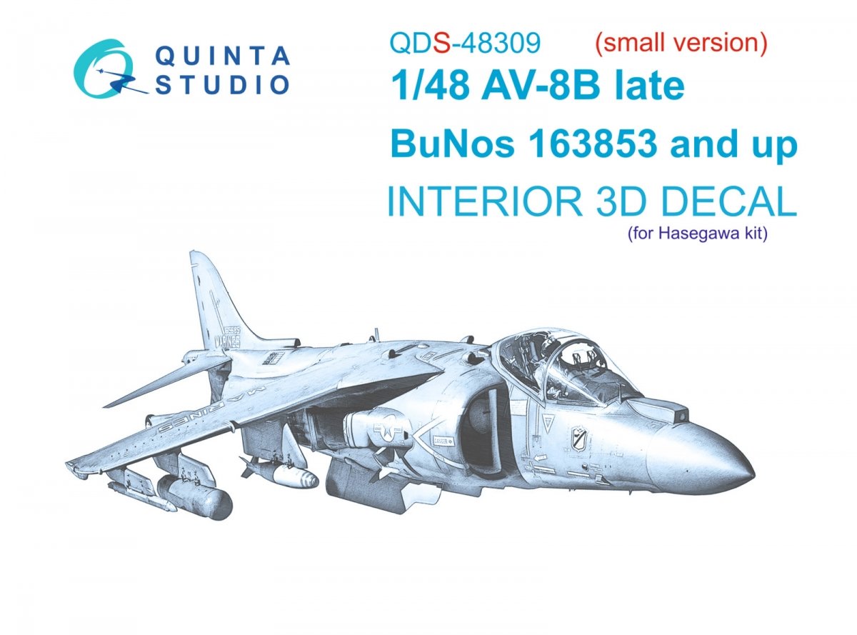 Quinta Studio QDS-48309 AV-8B Late 3D-Printed &amp;amp; colored Interior on decal paper (Hasegawa) (Small version) 1/48