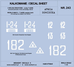 Weikert Decals DEC243 Soviet Army - T-34/85 TANK - Eastern Front 1943-45 - vol.2 1/35