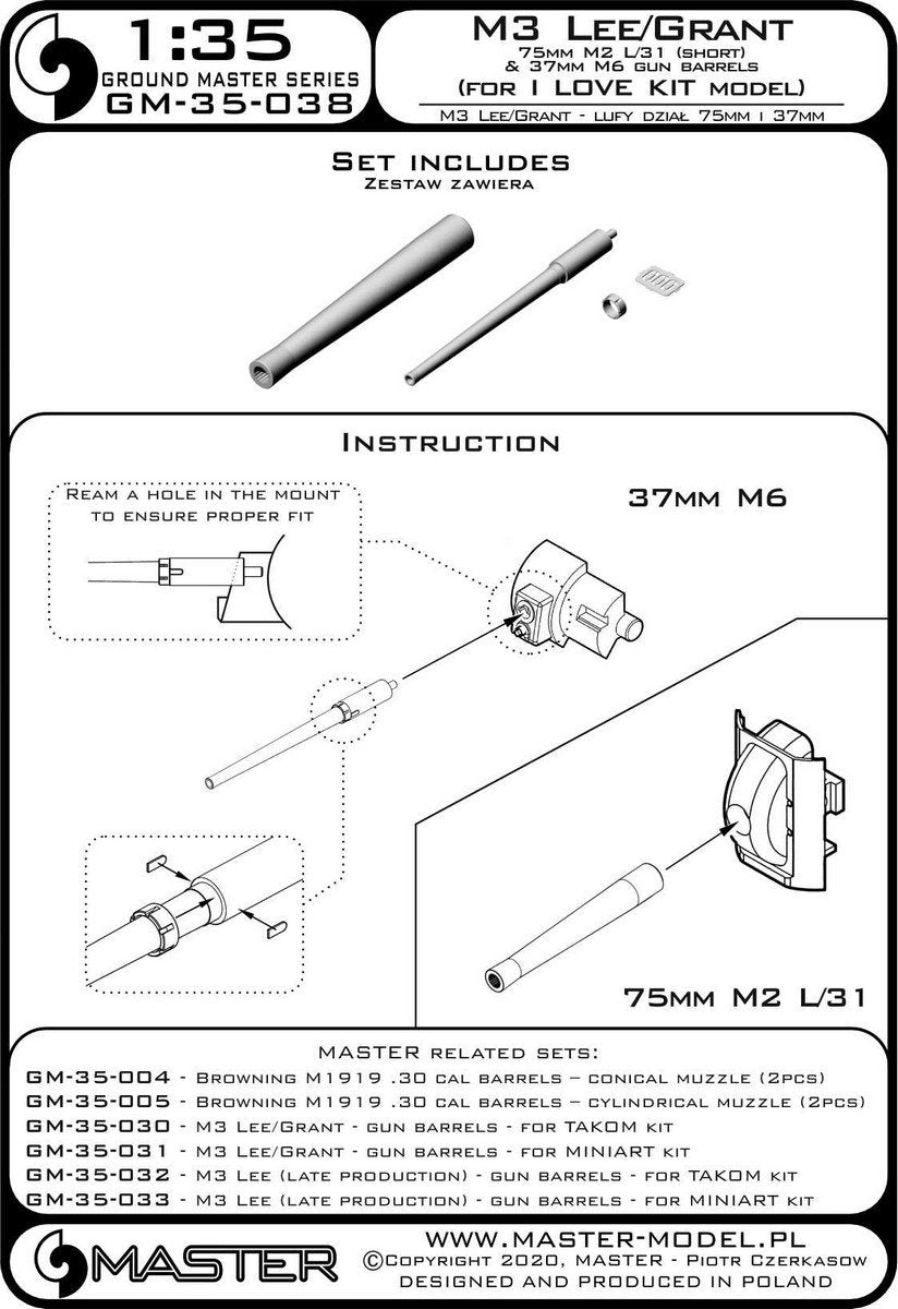 Master GM-35-038 M3 Lee/Grant - canons - 75 mm M2 L/31 (court) et 37 mm M6 (pour maquette I Love Kit) 1/35 – image 6
