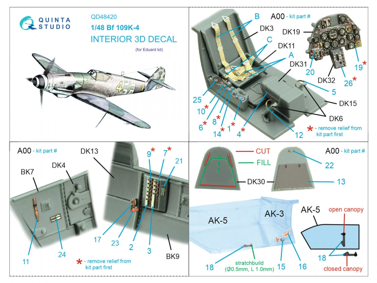Quinta Studio QD48420 Bf 109K-4 3D-Printed &amp;amp; colored Interior on decal paper (Eduard) 1/48 – immagine 2