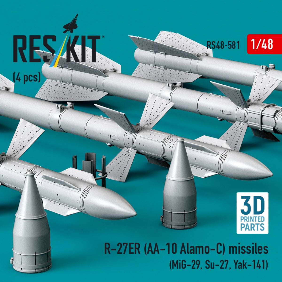 RESKIT RS48-0581 R-27ER (AA-10 Alamo-C) missiles (4 pcs) (MiG-29, Su-27, Yak-141) (3D Printed) 1/48
