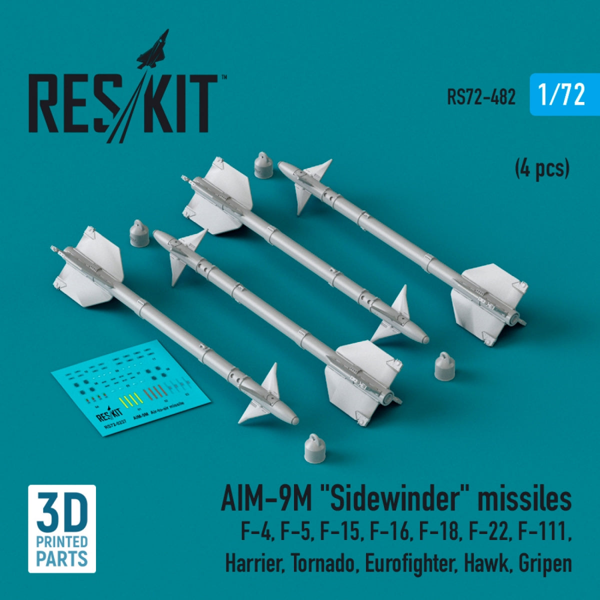 RESKIT RS72-0482 AIM-9M "Sidewinder" missiles (4 pcs) (3D Printed) 1/72