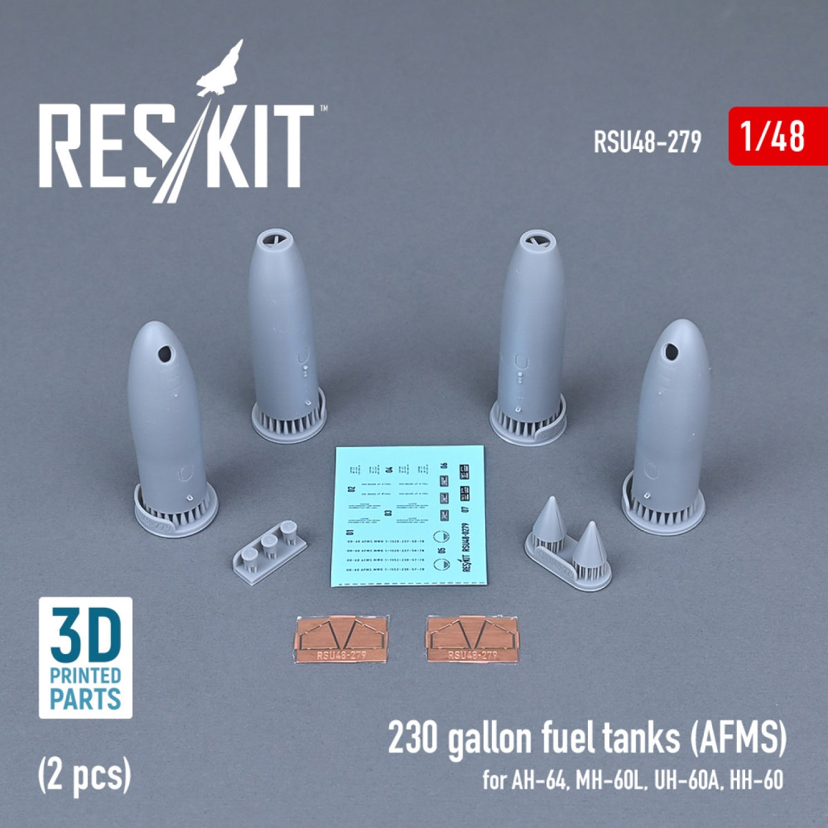 RESKIT RSU48-0279 230 GALLON FUEL TANKS (AFMS) FOR AH-64, MH-60L, UH-60A, HH-60 (2 PCS) (3D PRINTED) 1/48 – image 2