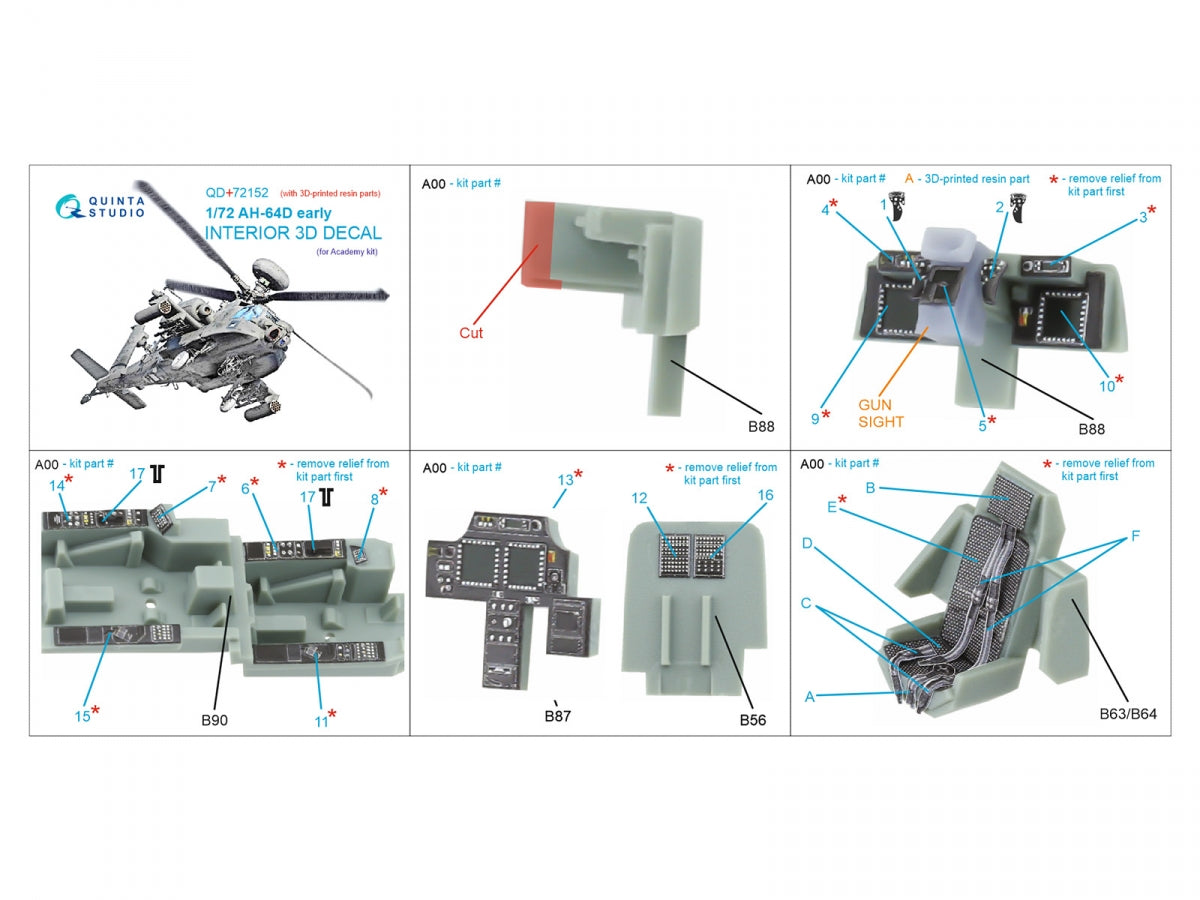 Quinta Studio QD+72152 AH-64D early 3D-Printed colored Interior on decal paper (Academy)(with 3D-printed resin part) 1/72 – Bild 2